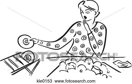 A tired woman doing the dishes View Large Illustration Drawing - A tired woman doing the dishes. Fotosearch