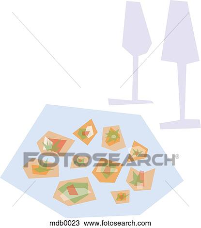 Drawing - A tray of appetizers and two glasses. Fotosearch