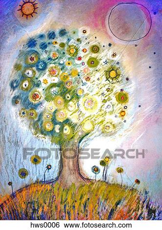 A tree full of flowers and the sun and moon in the sky on either side View Large Illustration Stock Illustration - A tree full of flowers and the sun and moon in the sky on either side. Fotosearch
