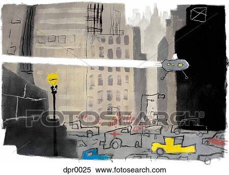 Stock Illustration - A UFO zooming over a busy city street. Fotosearch
