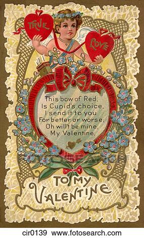 Stock Illustration - A vintage True Love Valentine with Cupid holding two hearts. Fotosearch