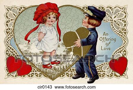 Drawing - A vintage Valentine with a little postboy delivering an offering of love to a little girl. Fotosearch