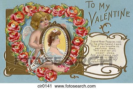Clip Art - A vintage Valentine with Cupid holding a portrait of a woman. Fotosearch