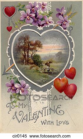 A vintage Valentines card with an idyllic country scene, hearts and violets View Large Illustration Stock Illustration - A vintage Valentines card with an idyllic country scene, hearts and violets. Fotosearch