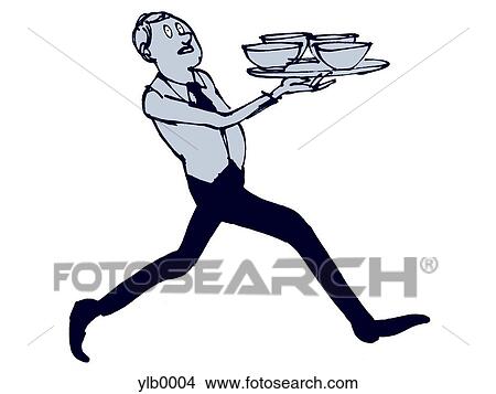 A waiter running with four bowls on a tray View Large Illustration Stock Illustration - A waiter running with four bowls on a tray. Fotosearch
