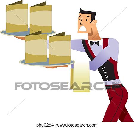 Stock Illustration - A waiter trying to balance menus on trays. Fotosearch