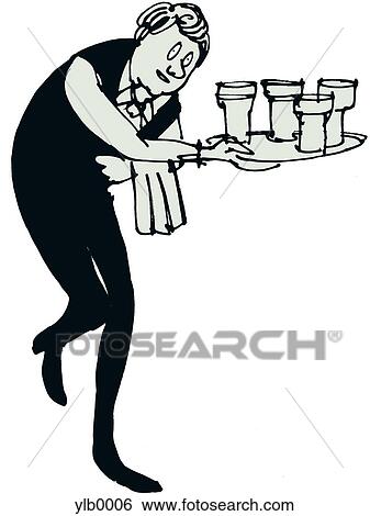 A waiter with four glasses on a tray View Large Illustration Stock Illustration - A waiter with four glasses on a tray. Fotosearch