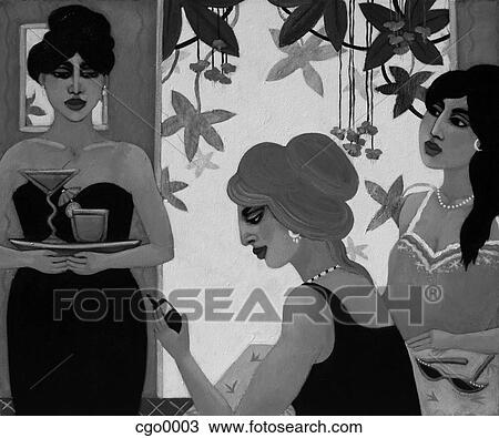 Drawing - A waitress serving drinks to two women in a cafe. Fotosearch