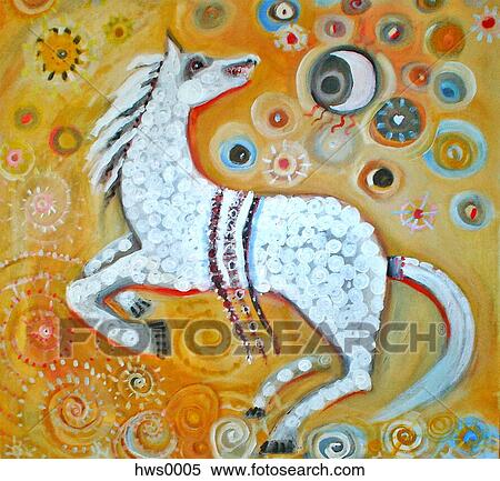 Stock Illustration - A white horse on a decorative background. Fotosearch