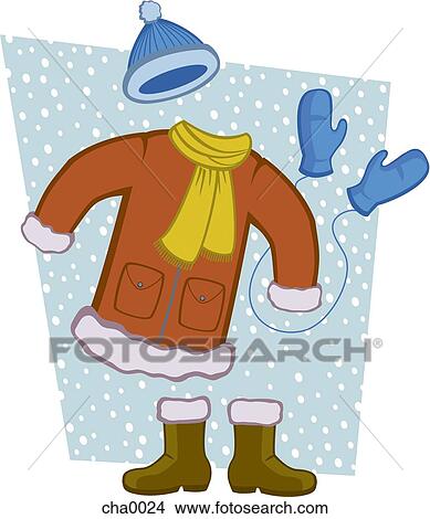 A winter coat, scarf, boots, mittens and hat View Large Illustration Stock Illustration - A winter coat, scarf, boots, mittens and hat. Fotosearch