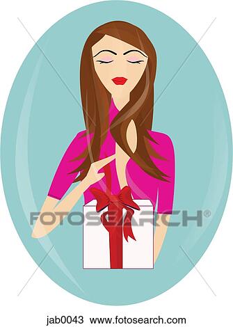 A woman and a wrapped gift box View Large Illustration Drawing - A woman and a wrapped gift box. Fotosearch