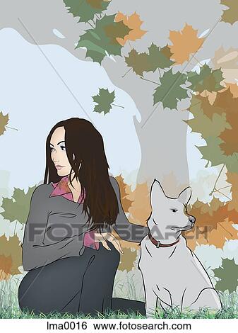 A woman and her dog under a tree View Large Illustration Stock Illustration - A woman and her dog under a tree. Fotosearch