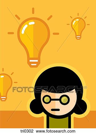 Drawing - A woman and lightbulbs above her head. Fotosearch