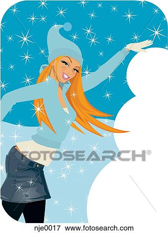 Stock Illustration - A woman building a snowman. Fotosearch