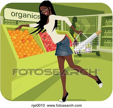 Clipart - A woman buying organic fruit at the supermarket. Fotosearch