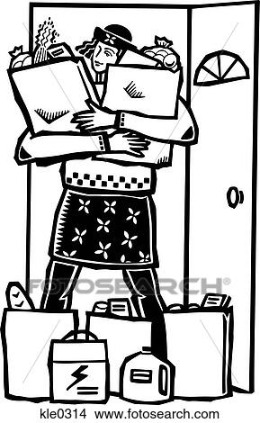 A woman coming in the door with bags of groceries View Large Illustration Stock Illustration - A woman coming in the door with bags of groceries. Fotosearch
