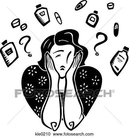 Clipart - A woman confused about medication. Fotosearch