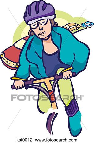 Drawing - A woman cycling in front of a traffic jam. Fotosearch