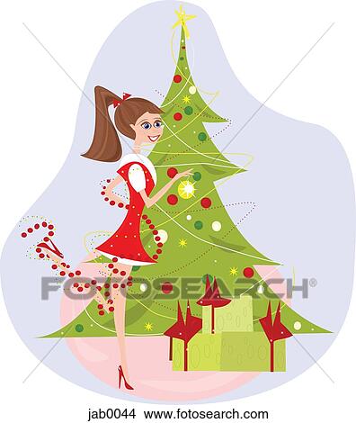 A woman decorating a Christmas tree View Large Illustration Stock Illustration - A woman decorating a Christmas tree. Fotosearch