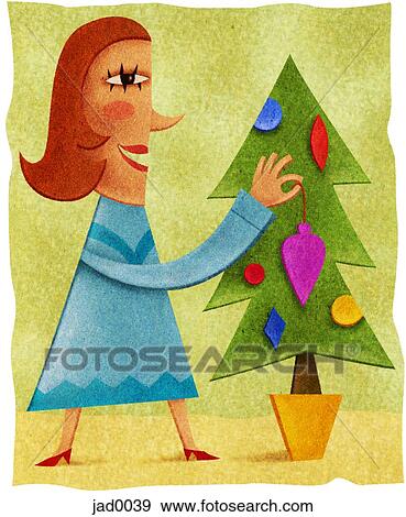 Stock Illustration - A woman decorating a Christmas tree. Fotosearch
