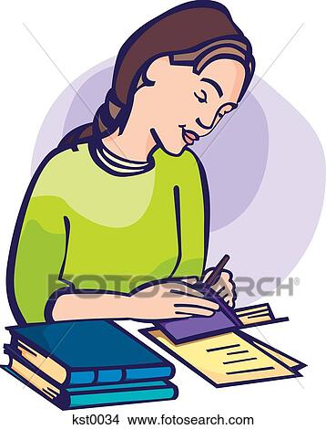 Stock Illustration - A woman doing research and writing in her notebook. Fotosearch