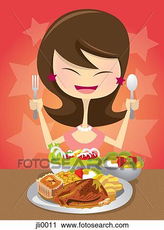 A woman eating a well balanced meal View Large Illustration Clip Art - A woman eating a well balanced meal. Fotosearch