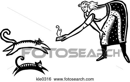 A woman feeding two cats View Large Illustration Stock Illustration - A woman feeding two cats. Fotosearch