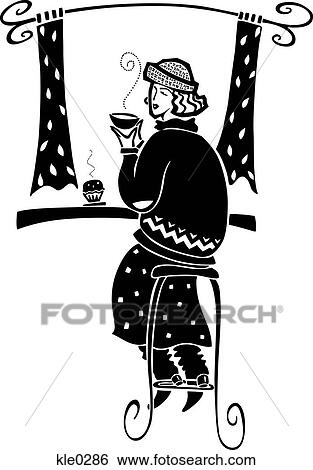 A woman having a hot drink and cupcake and looking out the window View Large Illustration Stock Illustration - A woman having a hot drink and cupcake and looking out the window. Fotosearch