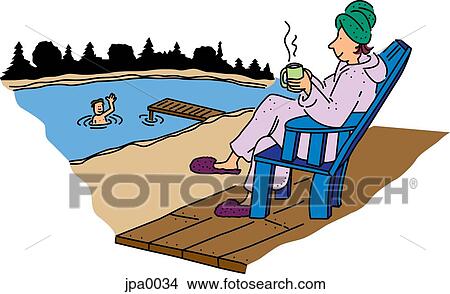 Stock Illustration - A woman having coffee in the morning watching a boy swim in a lake. Fotosearch