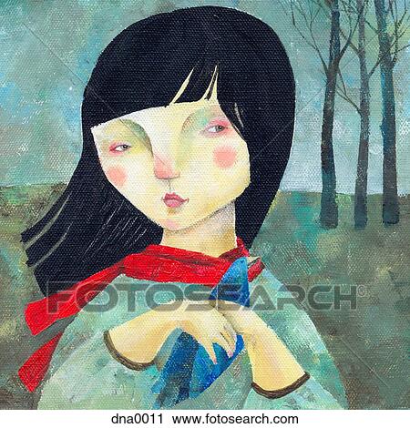 A woman holding a blue bird on an autumn day View Large Illustration Clip Art - A woman holding a blue bird on an autumn day. Fotosearch