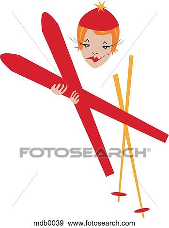 Stock Illustration - A woman holding a pair of skis and poles. Fotosearch