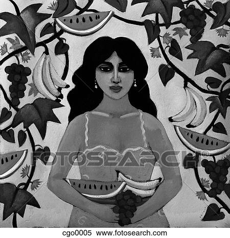 Stock Illustration - A woman holding fruit and standing under fruit vines. Fotosearch