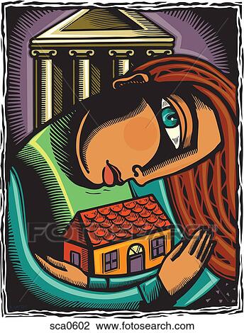 Drawing - A woman holding her house close and a bank in the background. Fotosearch