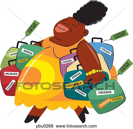 Stock Illustration - A woman holding suitcases covered in stickers from India, Korea and China. Fotosearch