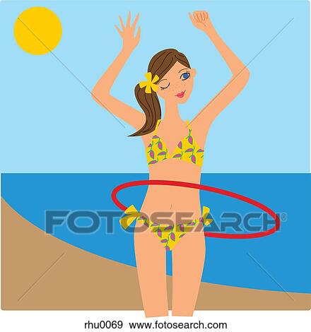 Stock Illustration - A woman in a bikini using a hula hoop at the beach. Fotosearch