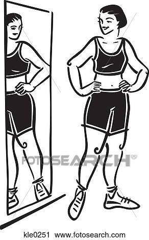 A woman in exercise clothes looking in the mirror View Large Illustration Clip Art - A woman in exercise clothes looking in the mirror. Fotosearch