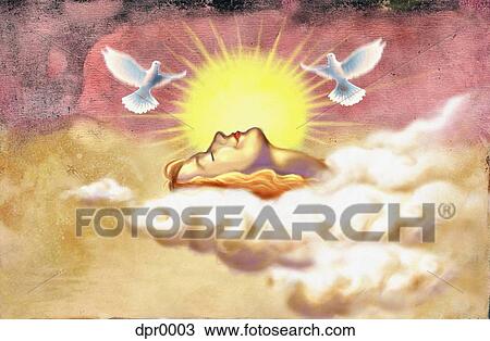 Drawing - A woman in the clouds with the sun and doves flying above her. Fotosearch