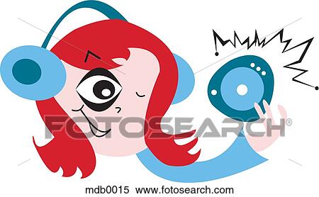 Stock Illustration - A woman listening to music on a portable music device. Fotosearch