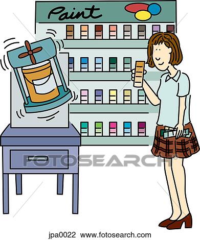 A woman looking at paint color samples at a store and a paint mixer View Large Illustration Drawing - A woman looking at paint color samples at a store and a paint mixer. Fotosearch