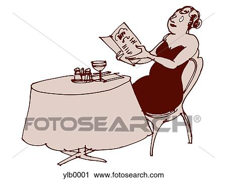 Clip Art - A woman looking at the menu at a fine dining restaurant. Fotosearch