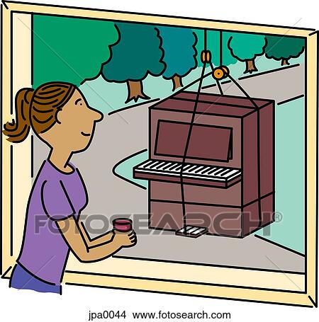 Stock Illustration - A woman looking out the window watching her piano being moved. Fotosearch