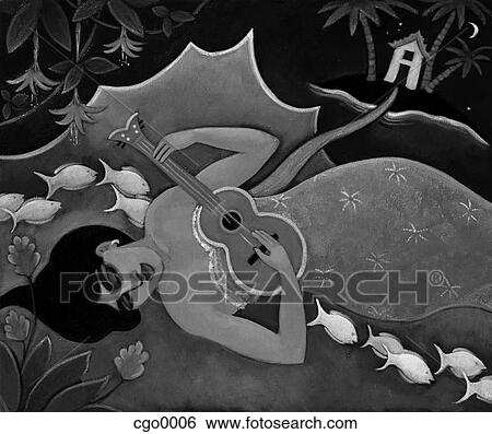 Stock Illustration - A woman lying on her back playing the ukulele by the sea. Fotosearch