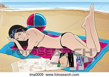 Stock Illustration - A woman lying on the beach. Fotosearch