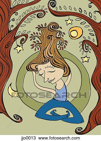 A woman meditating under two trees View Large Illustration Drawing - A woman meditating under two trees. Fotosearch