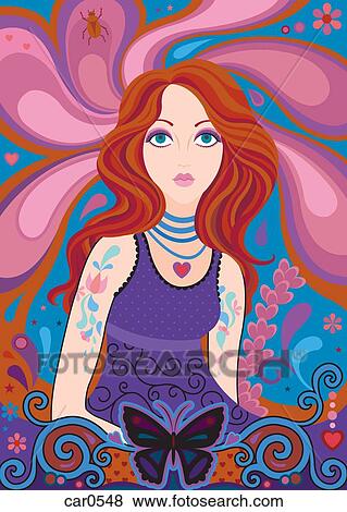 A woman on a decorative background with flowers and butterfly View Large Illustration Stock Illustration - A woman on a decorative background with flowers and butterfly. Fotosearch