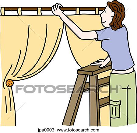 Drawing - A woman on a ladder installing curtains. Fotosearch