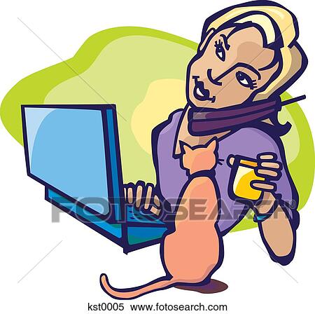 Stock Illustration - A woman on the phone and computer in a home office. Fotosearch