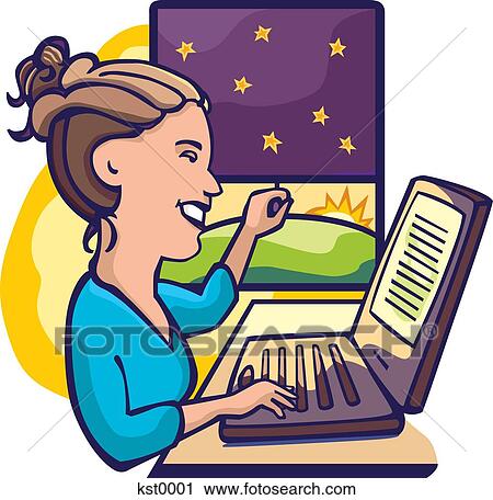 Clip Art - A woman opening the blinds after working all night at her computer. Fotosearch