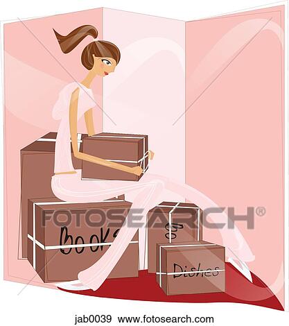Stock Illustration - A woman packing boxes. Fotosearch