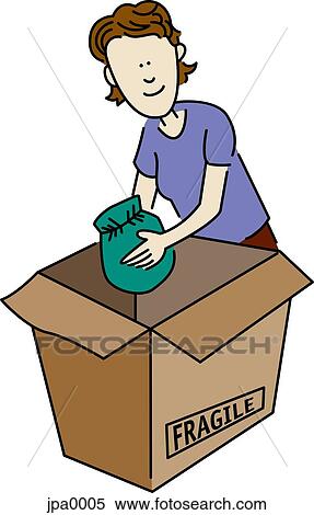 Stock Illustration - A woman placing a wrapped object into a box marked fragile. Fotosearch